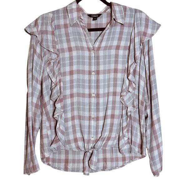 Express Ruffle Plaid Top Sz S Button Down Tie Hem Pink Gray Twee Coquette Girl - Picture 1 of 8